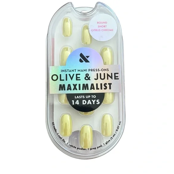 Olive & June Instant Mani Press-On Nails Round Short Citrus Chrome Yellow NWT - Picture 1 of 6